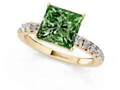 Fancy Green Princess Cut Diamond Pavé Solitaire Engagement Ring Set in Yellow gold with Prong Setting
