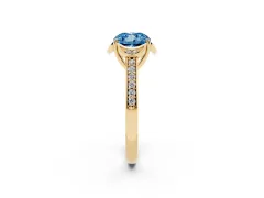 Fancy Blue Cushion Cut Diamond Halo Ring Set in Yellow gold with Channel Set Band and Prong Setting