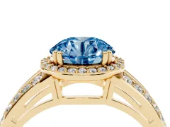 Fancy Blue Round Cut Diamond Halo Ring Set in Yellow gold with Double Pavé Split Shank