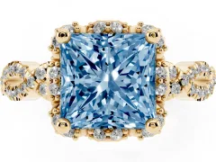 Fancy Blue Princess Cut Diamond Halo Twist Band Solitaire Ring Set in Yellow gold with Prong-Set Center Stone