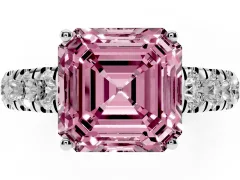 Fancy Pink Asscher Cut Diamond Solitaire Ring Set in Silver with Cut-Down Micro Pavé Band and Prong Setting