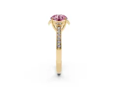 Fancy Pink Round Cut Diamond Halo Ring Set in Yellow gold with Channel Set Band and Prong Setting