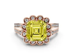 Fancy Yellow Asscher Cut Diamond Floral Halo Split Shank Engagement Ring Set in Rose gold with Pavé Shank