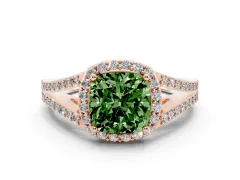 Fancy Green Cushion Cut Diamond Halo Split Shank Pavé Ring Set in Rose gold with Prong Setting