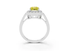 Fancy Yellow Radiant Cut Diamond Halo Ring Set in Platinum with Accent-Lined Split Shank and Prong Setting