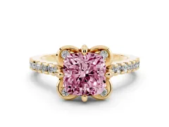 Fancy Pink Cushion Cut Diamond Solitaire Ring Set in Yellow gold with Pavé Band and Floral Prong Setting