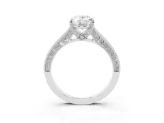 Oval Cut Diamond Solitaire Ring Set in White gold with Milgrain-Edged Pavé Band and Prong Setting