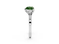 Fancy Green Heart Cut Diamond Three-Stone Ring Set in White gold with Pavé Band and Smaller Side Stones