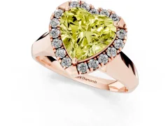 Fancy Yellow Heart Cut Diamond Halo Solitaire Engagement Ring Set in Rose gold with Square Band and Prong Setting