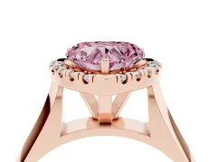 Fancy Pink Heart Cut Diamond Halo Solitaire Engagement Ring Set in Rose gold with Square Band and Prong Setting