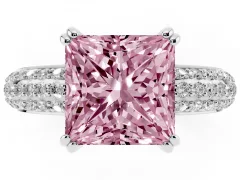 Fancy Pink Princess Cut Diamond Solitaire Ring Set in Silver with Multi-Row Round Pavé Band and Prong Setting
