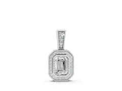 Emerald Cut Halo Diamond Pendant Set in White gold with Pavé Halo