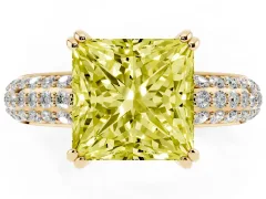 Fancy Yellow Princess Cut Diamond Solitaire Ring Set in Yellow gold with Multi-Row Round Pavé Band and Prong Setting