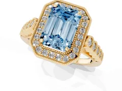 Fancy Blue Emerald Cut Diamond Milgrain Halo Solitaire Ring Set in Yellow gold with Bezel Set Side Stones and Pavé Band