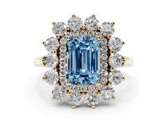 Fancy Blue Emerald Cut Diamond Floral Double Halo Ring Set in Yellow gold with Round Petals