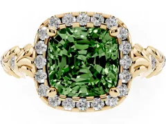 Fancy Green Cushion Cut Diamond Halo Ring Set in Yellow gold with Filigree Leaf Band and Prong Setting