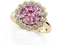 Fancy Pink Round Cut Diamond Halo Cluster Engagement Ring Set in Yellow gold with Solitaire Band and Prong Setting
