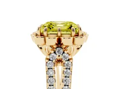 Fancy Yellow Asscher Cut Diamond Floral Halo Split Shank Engagement Ring Set in Yellow gold with Pavé Shank