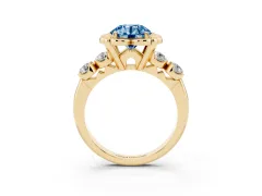 Fancy Blue Round Cut Diamond Floral Halo Ring Set in Yellow gold with Shared Prong Band