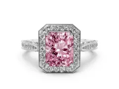 Fancy Pink Radiant Cut Diamond Halo Engagement Ring Set in Silver with Accent Split Shank Band