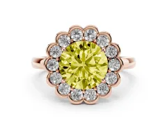 Fancy Yellow Round Cut Diamond Halo Cluster Engagement Ring Set in Rose gold with Solitaire Band and Prong Setting