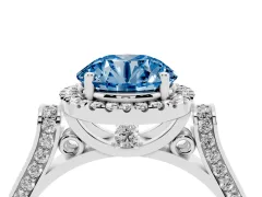Fancy Blue Round Cut Diamond Halo Ring Set in Silver with Pavé-Lined Split Shank Band