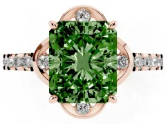 Fancy Green Radiant Cut Diamond Solitaire Ring Set in Rose gold with Pavé Band and Floral Prong Setting