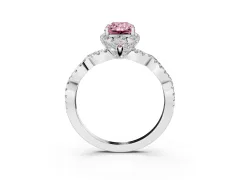 Fancy Pink Radiant Cut Diamond Halo Twist Band Solitaire Ring Set in Silver with Prong-Set Center Stone