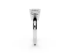 Emerald Cut Diamond Three-Stone Ring Set in White gold with Channel-Set Band and Prong Settings