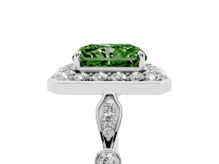 Fancy Green Radiant Cut Diamond Halo Engagement Ring Set in White gold with Twisted Band and Prong Setting