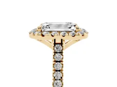 Emerald Cut Diamond Cushion Halo Ring Set in Yellow gold with Pavé Band