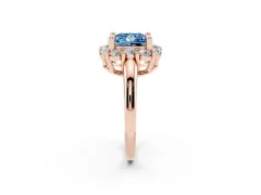 Fancy Blue Princess Cut Diamond Halo Cluster Engagement Ring Set in Rose gold with Polished Band and Prong Setting