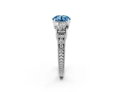 Fancy Blue Round Cut Diamond Three-Stone Engagement Ring Set in Silver with Milgrain Pavé Band