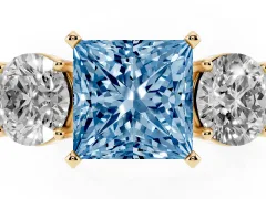 Fancy Blue Princess Cut Diamond Three-Stone Ring Set in Yellow gold with Round Side Stones and Classic Band