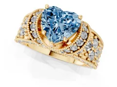 Fancy Blue Heart Cut Diamond Milgrain Halo Pavé Engagement Ring Set in Yellow gold with Prong Setting