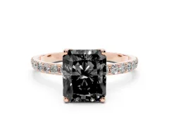 Fancy Black Radiant Cut Diamond Solitaire Engagement Ring Set in Rose gold with Round Pavé Band and Prong Setting