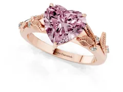 Fancy Pink Heart Cut Diamond Solitaire Ring Set in Rose gold with Leaf Motif Band