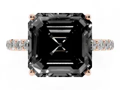 Fancy Black Asscher Cut Diamond Solitaire Engagement Ring Set in Rose gold with Round Pavé Band and Prong Setting