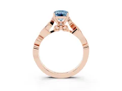 Fancy Blue Emerald Cut Diamond Vine Band Solitaire Ring Set in Rose gold with Milgrain Prong Setting