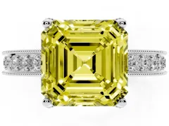 Fancy Yellow Asscher Cut Diamond Solitaire Ring Set in Silver with Milgrain-Edged Pavé Band and Prong Setting