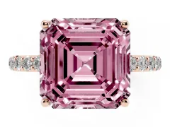 Fancy Pink Asscher Cut Diamond Solitaire Engagement Ring Set in Rose gold with Round Pavé Band and Prong Setting