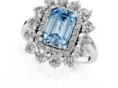 Fancy Blue Emerald Cut Diamond Floral Double Halo Ring Set in Platinum with Round Petals