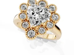 Heart Cut Diamond Cluster Halo Ring Set in Yellow gold with Milgrain Bezel Accents and Plain Band