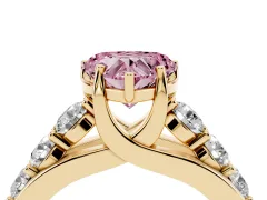 Fancy Pink Heart Cut Diamond Pavé Engagement Ring Set in Yellow gold with Prong Setting