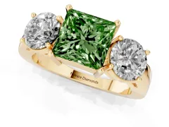 Fancy Green Princess Cut Diamond Three-Stone Ring Set in Yellow gold with Round Side Stones and Classic Band
