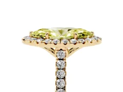 Fancy Yellow Marquise Cut Diamond Pavé Halo Engagement Ring Set in Yellow gold with Pavé Band and Prong Setting