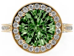 Fancy Green Round Cut Diamond Halo Engagement Ring Set in Yellow gold with Accent Split Shank Band