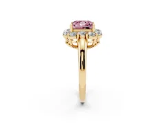 Fancy Pink Princess Cut Diamond Milgrain Halo Solitaire Ring Set in Yellow gold with Bezel Set Side Stones and Pavé Band