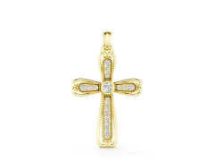Pavé Round Diamond Cross Pendant Set in Yellow gold with Bezel Outline