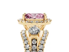 Fancy Pink Oval Cut Diamond Halo Split Shank Ring Set in Yellow gold with Round Accent Stones and Prong Setting
